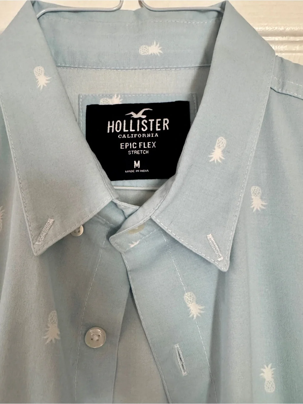 Hollister Light Blue Short Sleeve Button-Down with White Pineapple Print